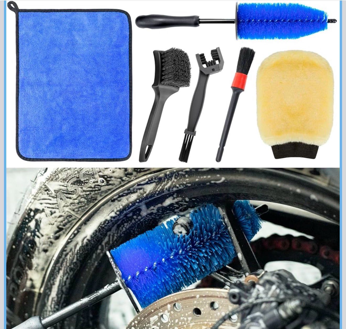 Motorcycle Cleaning Kit 6 Pack with Easy Reach Brush,Tire Brush,Wool Wash Mitt,Chain Brush,Detailing Brush and Microfiber Towel for Cleaning Motorcycle Mudguard,Rims,Exhaust,Frame