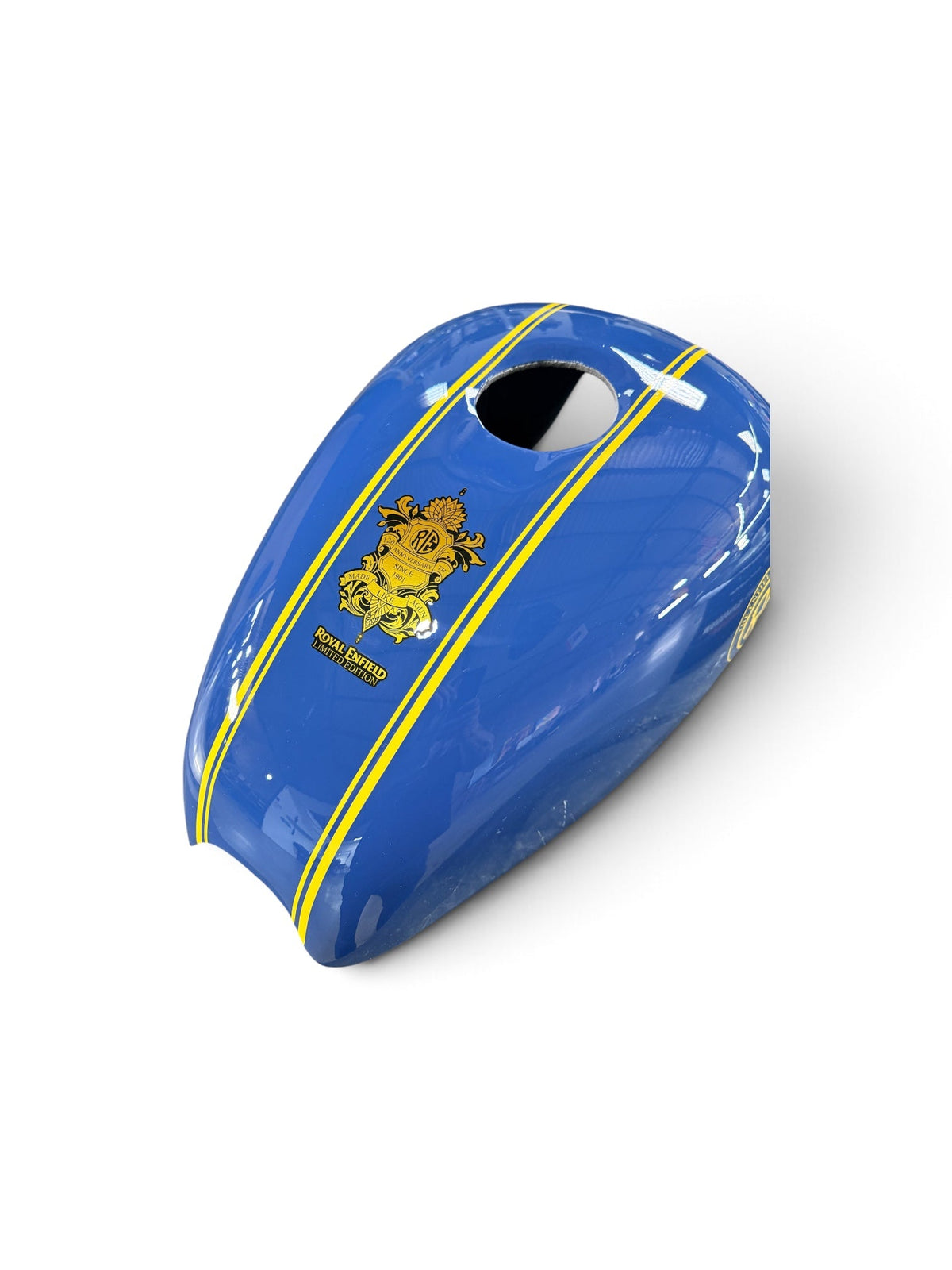 Blue Heritage 120 Tank Cover — gloss blue, yellow pinstripes and top crest