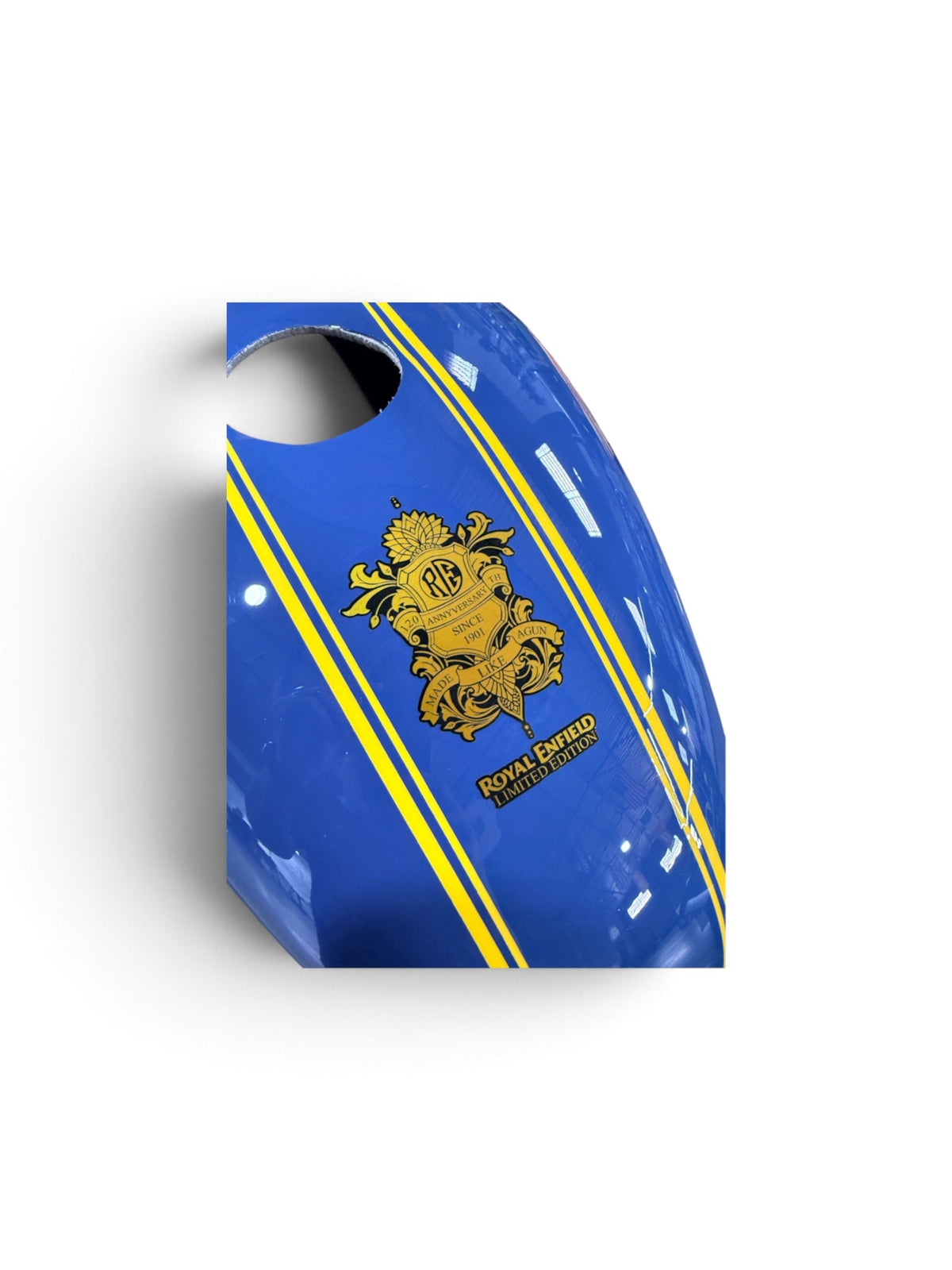 Blue Heritage 120 Tank Cover — gloss blue, yellow pinstripes and top crest