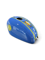 Blue Heritage 120 Tank Cover — gloss blue, yellow pinstripes and top crest