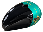 Gloss black and metallic emerald green tank cover with gold pinstripes