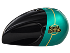 Side view of metallic emerald green and gloss black tank cover with gold detailing