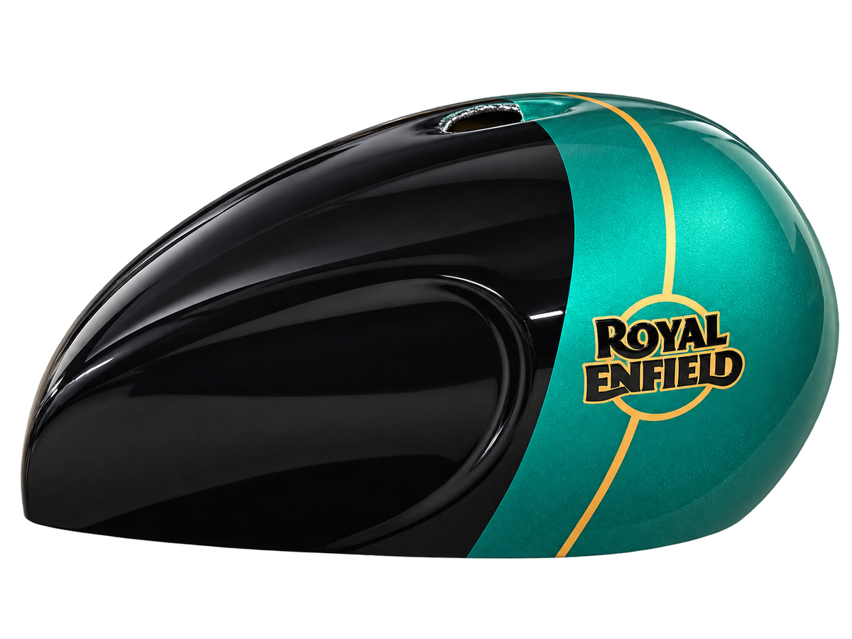 Side view of metallic emerald green and gloss black tank cover with gold detailing