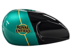 Opposite view of metallic emerald green and gloss black tank cover with gold pinstripes