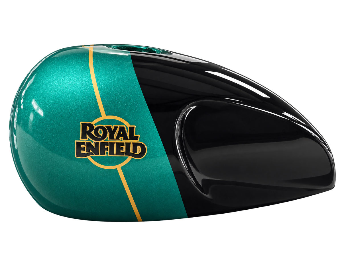 Opposite view of metallic emerald green and gloss black tank cover with gold pinstripes