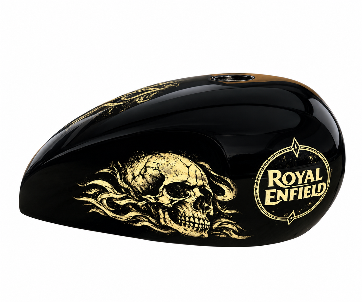 Golden Skull premium tank cover — reflection-free glossy side