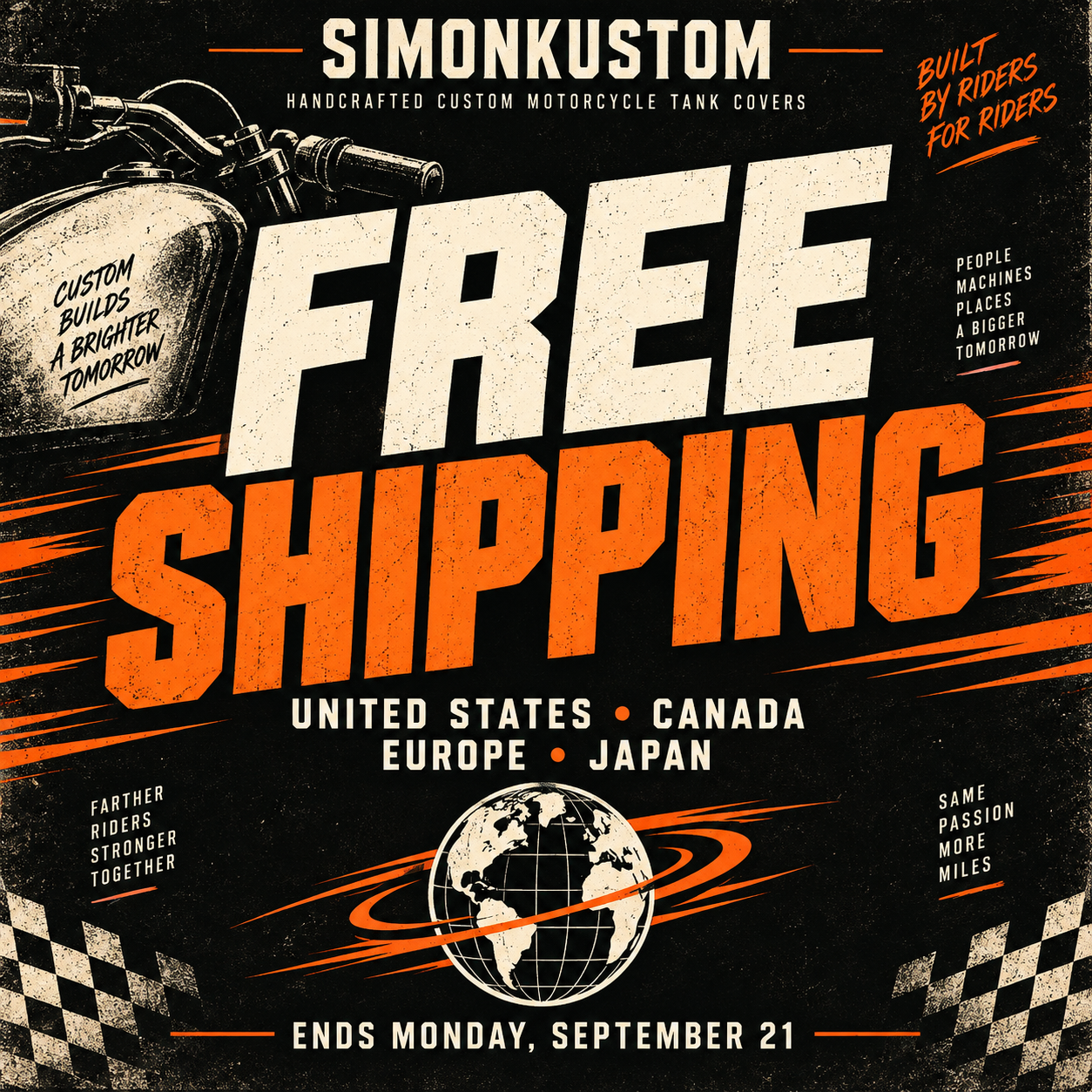 SimonKustom free shipping to the United States, Canada, Europe and Japan through Monday, September 21